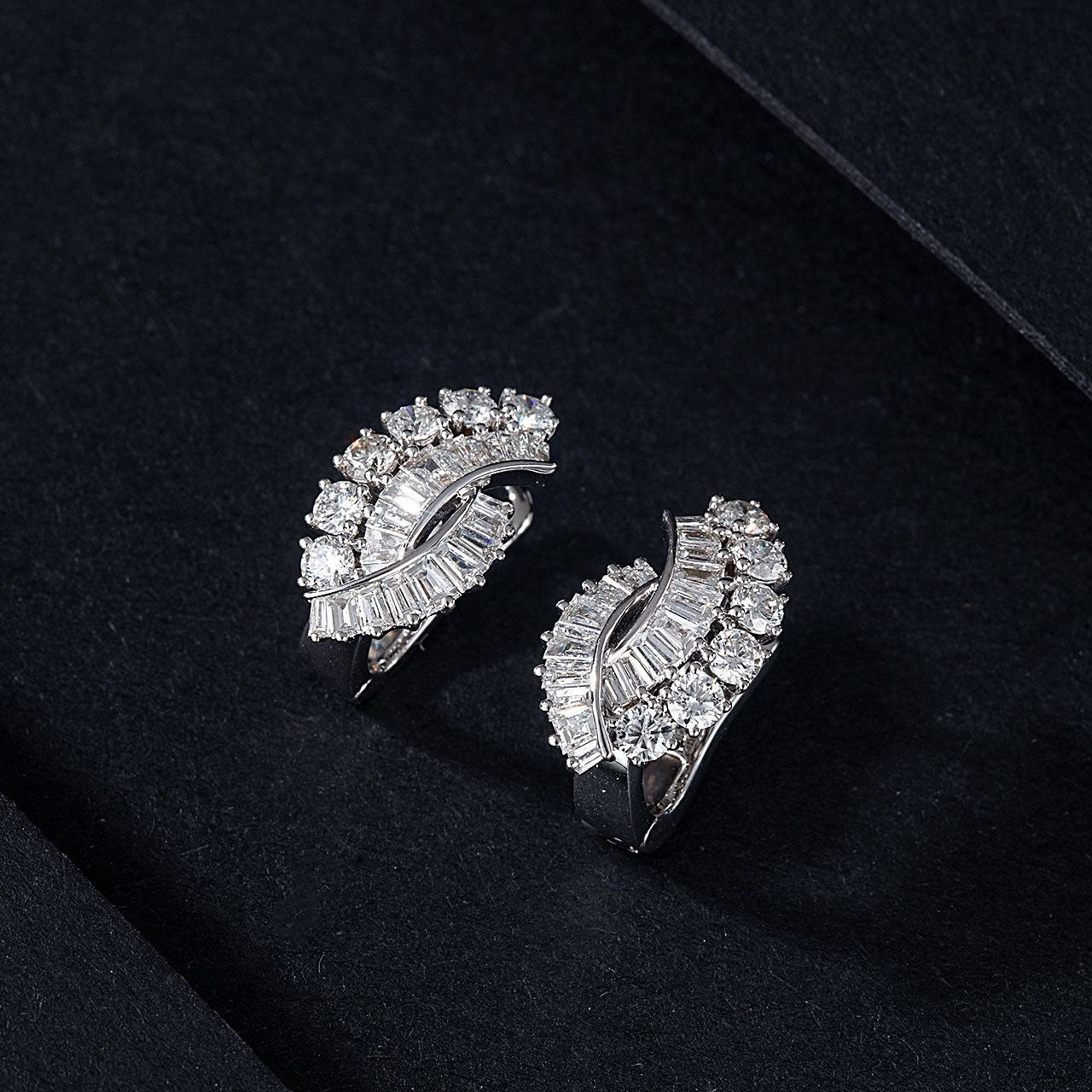 Tree Leaf Cross Baguette Diamond Earrings