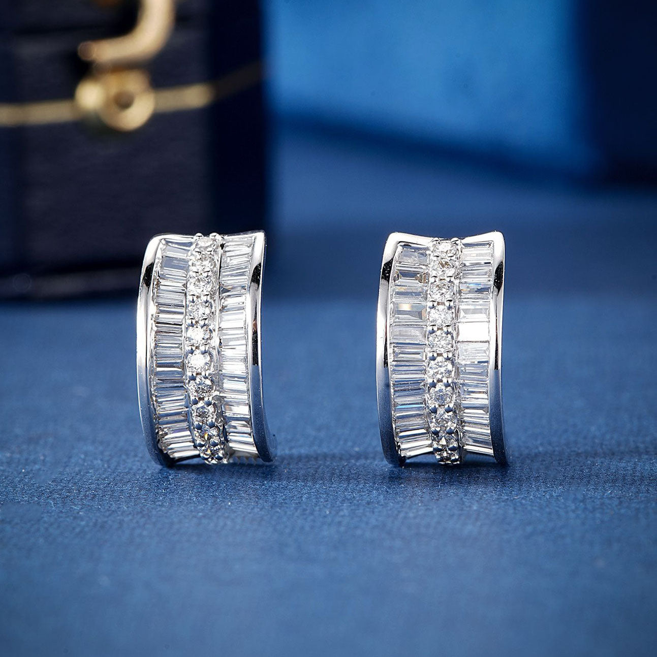 Three Rows Baguette Diamond Earrings