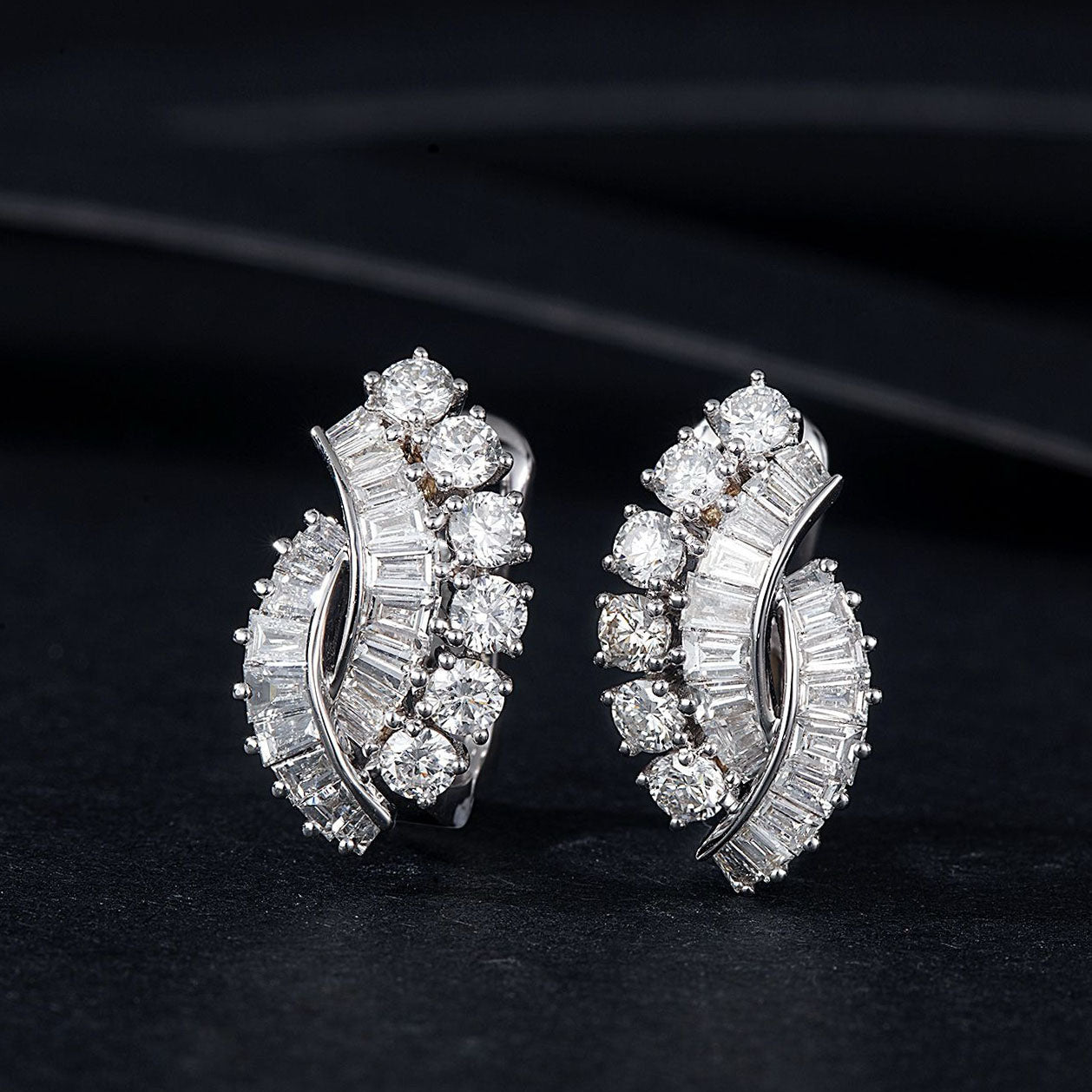 Tree Leaf Cross Baguette Diamond Earrings