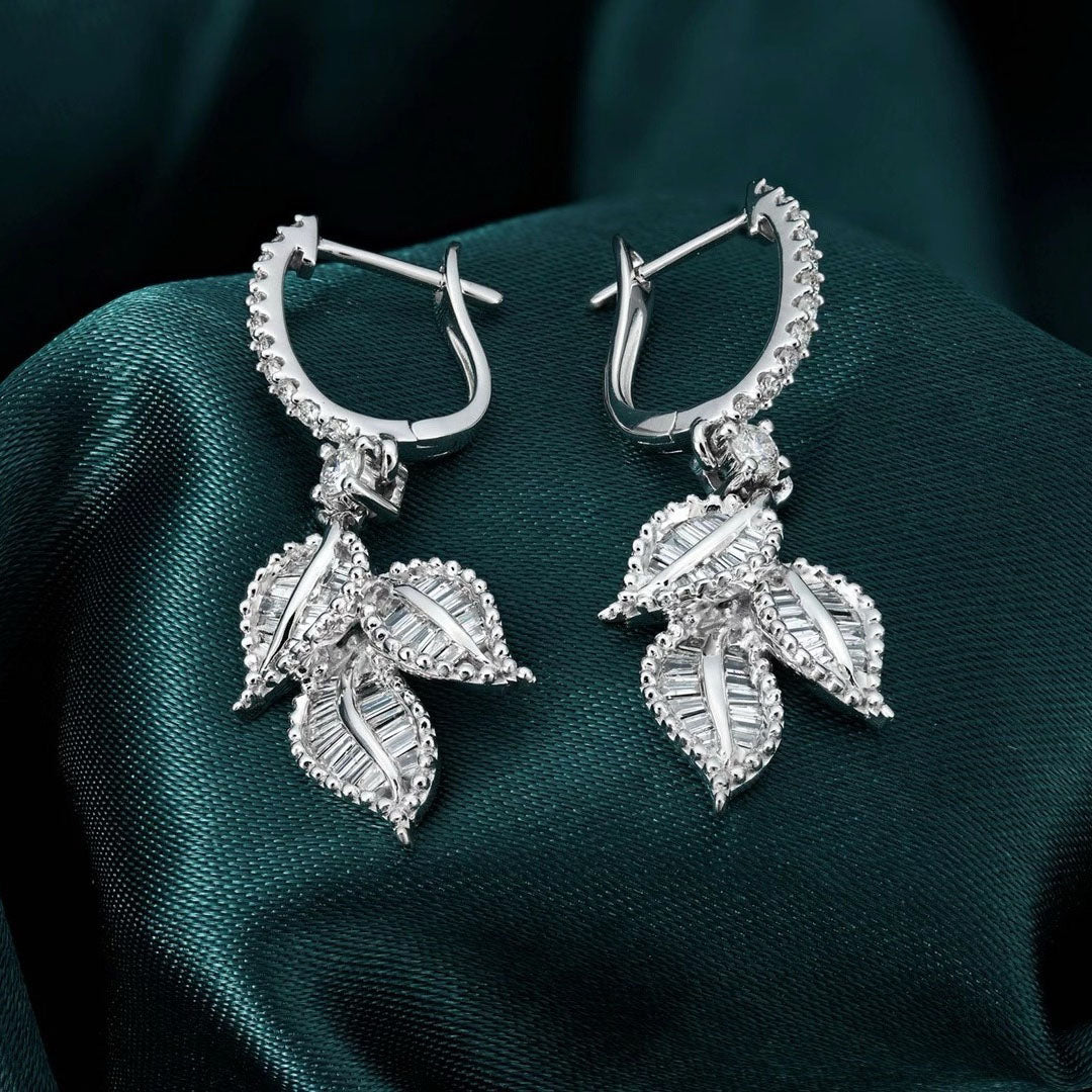 Tree Leaf Baguette Diamond Earrings