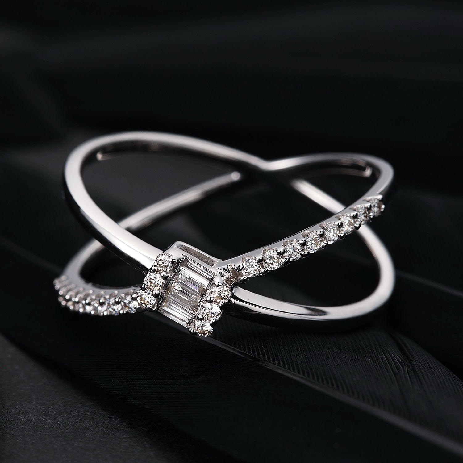 X Shaped Baguette Diamond Ring