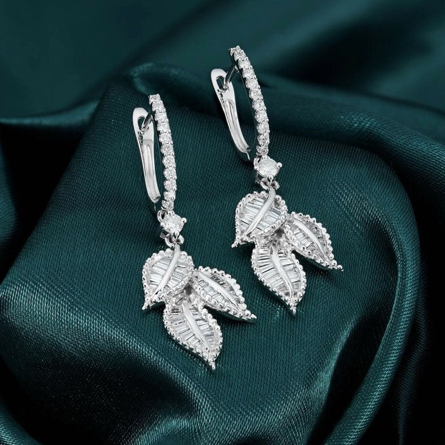 Tree Leaf Baguette Diamond Earrings