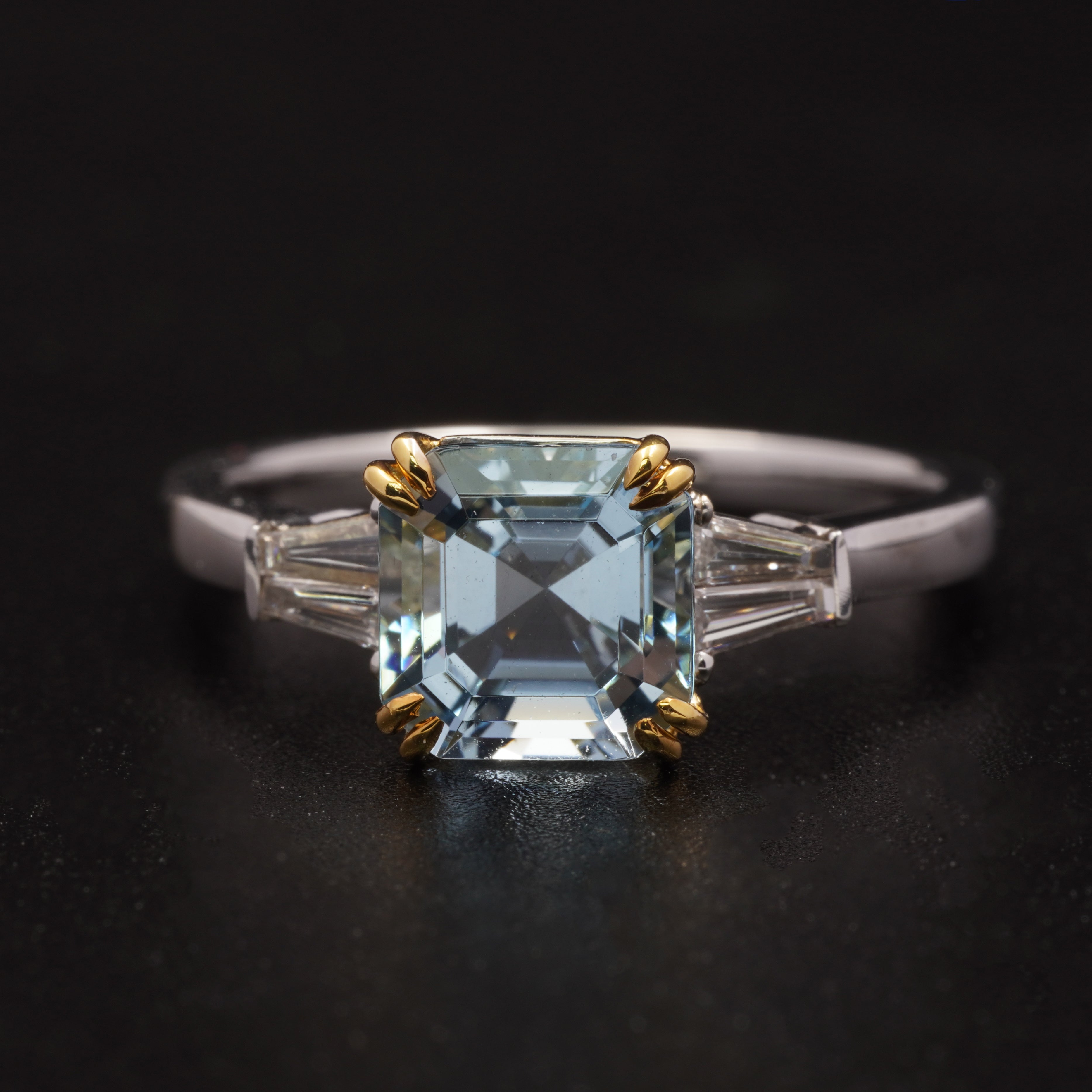 1.5CT Asscher Aquamarine Tapered Baguette Diamond Ring