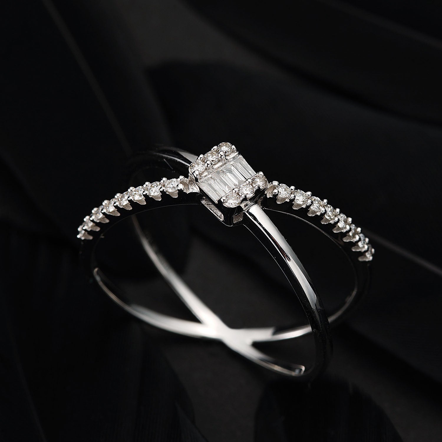 X Shaped Baguette Diamond Ring